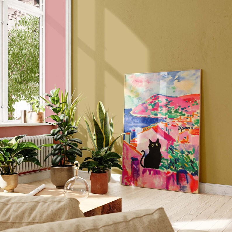 Poster mit schwarzer Katze als Wandbild, lustige Katzenkunst