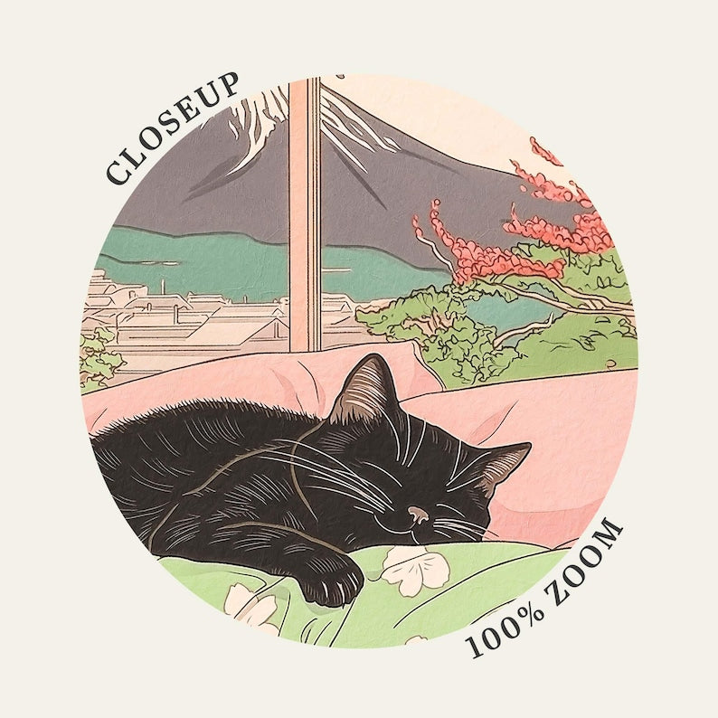 Schlafende schwarze Katze und Berg Fuji – Japanischer Kunstdruck, Landschaftsposter, ästhetisches Wandbild für Katzenliebhaber
