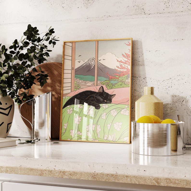 Schlafende schwarze Katze und Berg Fuji – Japanischer Kunstdruck, Landschaftsposter, ästhetisches Wandbild für Katzenliebhaber