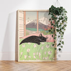 Schlafende schwarze Katze und Berg Fuji – Japanischer Kunstdruck, Landschaftsposter, ästhetisches Wandbild für Katzenliebhaber