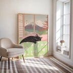 Schlafende schwarze Katze und Berg Fuji – Japanischer Kunstdruck, Landschaftsposter, ästhetisches Wandbild für Katzenliebhaber
