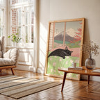 Schlafende schwarze Katze und Berg Fuji – Japanischer Kunstdruck, Landschaftsposter, ästhetisches Wandbild für Katzenliebhaber