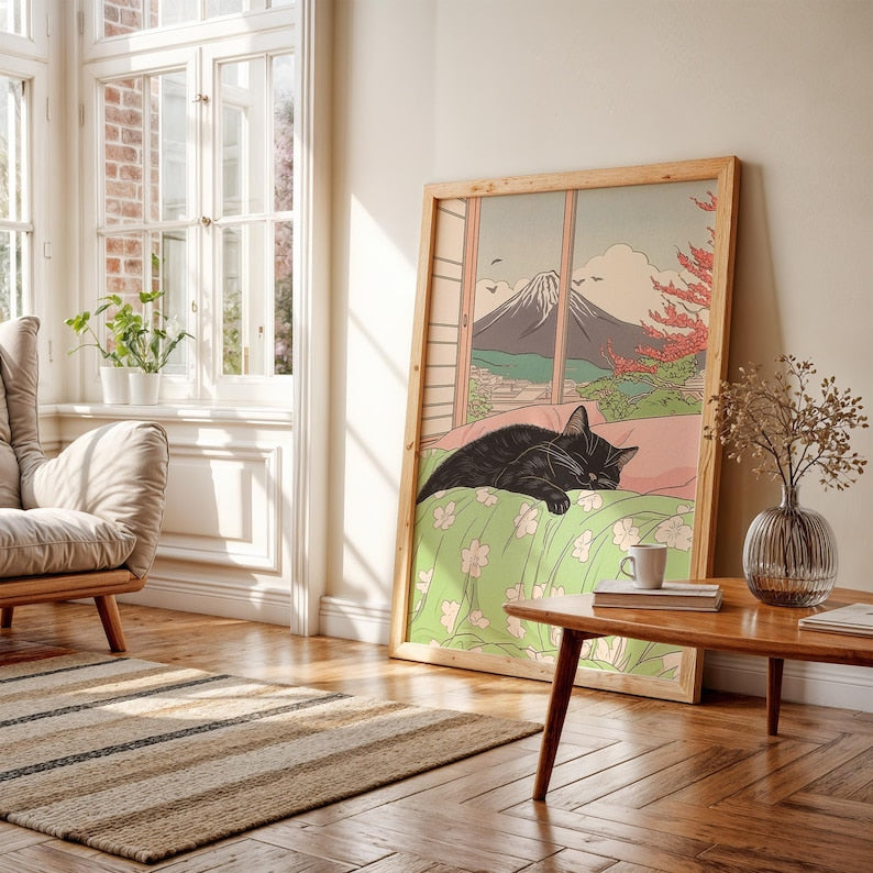 Schlafende schwarze Katze und Berg Fuji – Japanischer Kunstdruck, Landschaftsposter, ästhetisches Wandbild für Katzenliebhaber