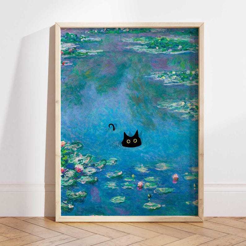 Poster mit schwarzer Katze und Seerose, florales Wandbild