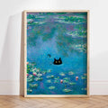 Poster mit schwarzer Katze und Seerose, florales Wandbild