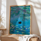 Poster mit schwarzer Katze und Seerose, florales Wandbild