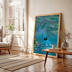 Poster mit schwarzer Katze und Seerose, florales Wandbild