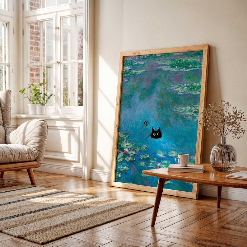 Poster mit schwarzer Katze und Seerose, florales Wandbild