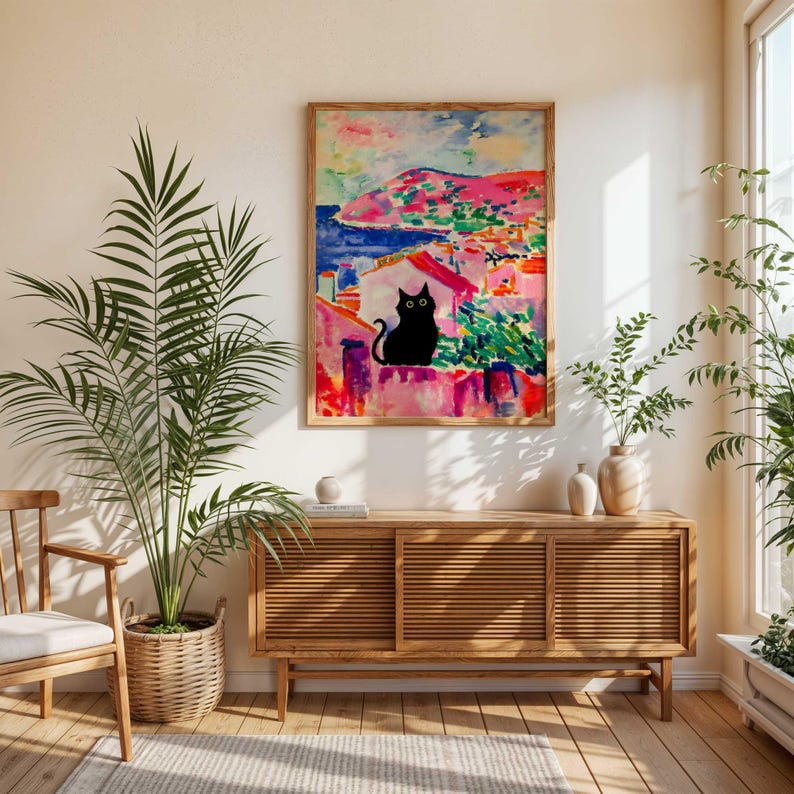 Poster mit schwarzer Katze als Wandbild, lustige Katzenkunst