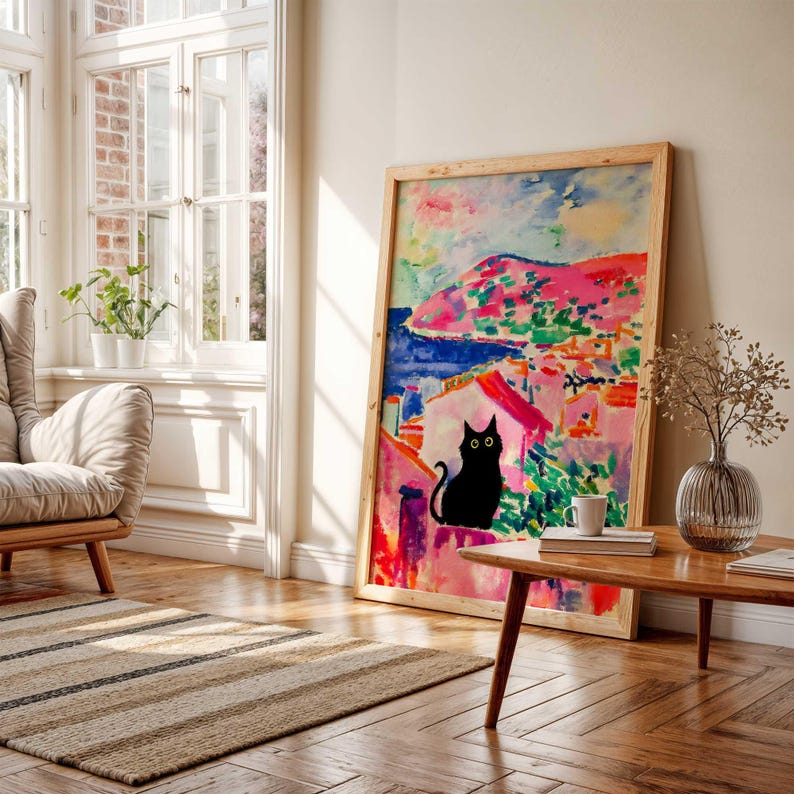 Poster mit schwarzer Katze als Wandbild, lustige Katzenkunst