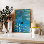 Poster mit schwarzer Katze und Seerose, florales Wandbild