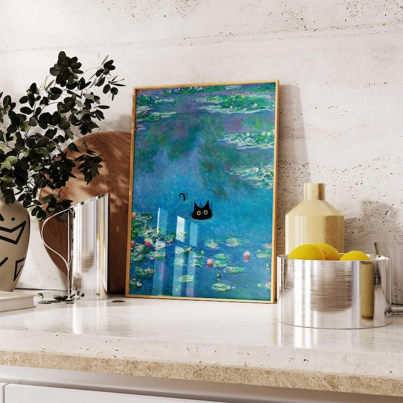 Poster mit schwarzer Katze und Seerose, florales Wandbild
