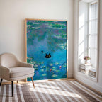 Poster mit schwarzer Katze und Seerose, florales Wandbild