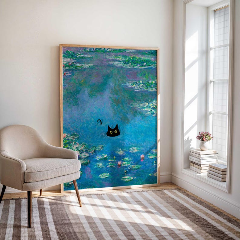 Poster mit schwarzer Katze und Seerose, florales Wandbild