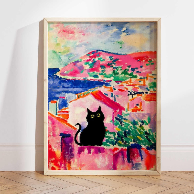 Poster mit schwarzer Katze als Wandbild, lustige Katzenkunst