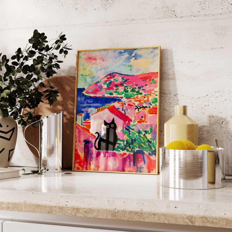 Poster mit schwarzer Katze als Wandbild, lustige Katzenkunst