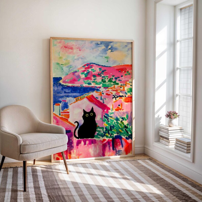 Poster mit schwarzer Katze als Wandbild, lustige Katzenkunst