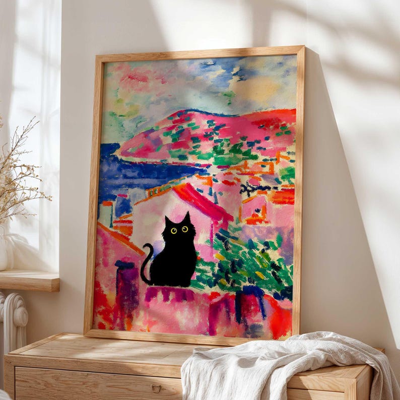 Poster mit schwarzer Katze als Wandbild, lustige Katzenkunst