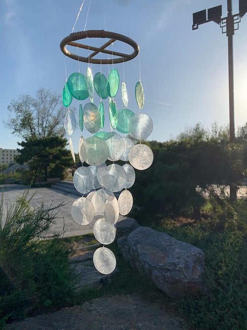 Capiz Muschel Windspiel, 35 Stück Violett, 69 cm, Handgefertigt, für Veranda & Garten