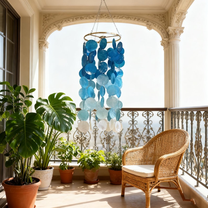 Blaues Capiz-Windspiel mit natürlichen Muscheln, 60 cm, handgefertigtes Indoor- und Outdoor-Windspiel