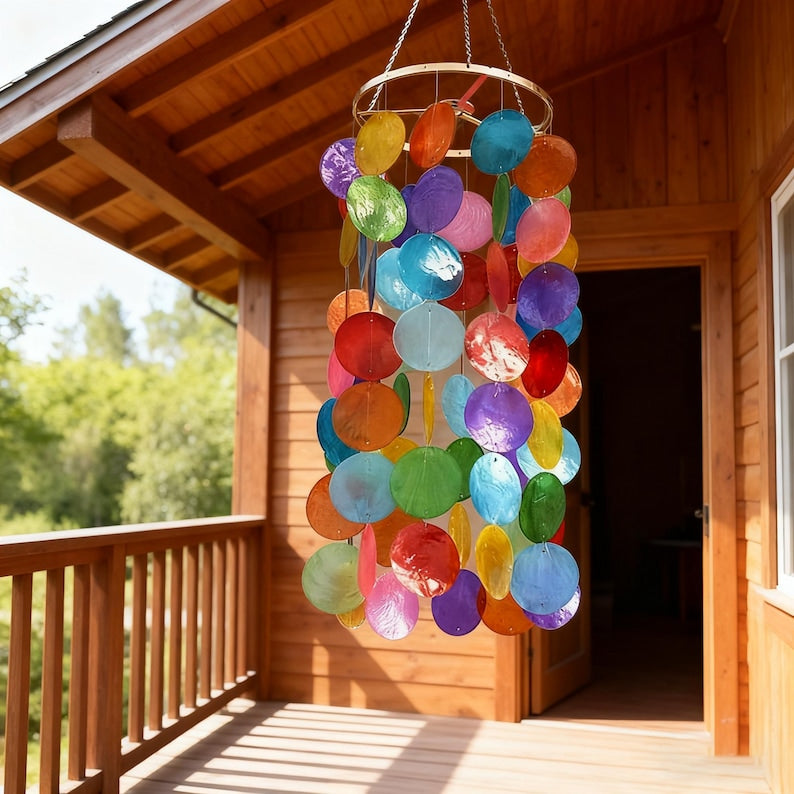 Blaues Capiz-Windspiel mit natürlichen Muscheln, 60 cm, handgefertigtes Indoor- und Outdoor-Windspiel