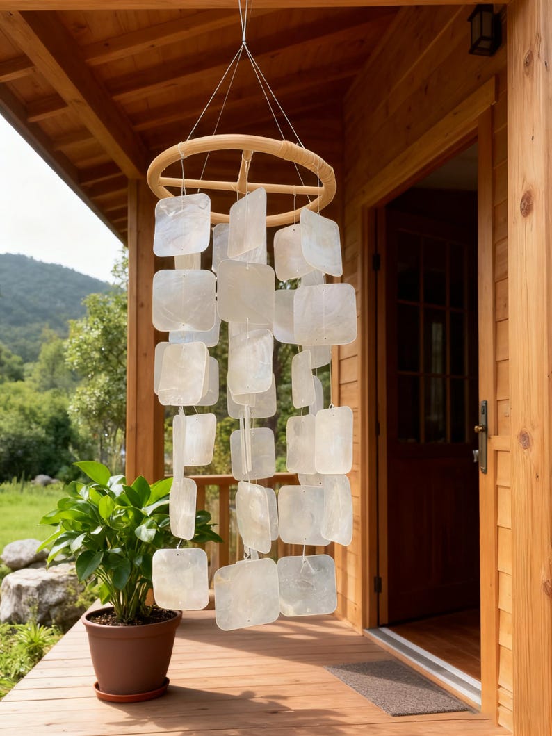 Weißes, quadratisches Windspiel aus Capiz-Muscheln, handgefertigt, geeignet für Veranden, Terrassen und Gärten