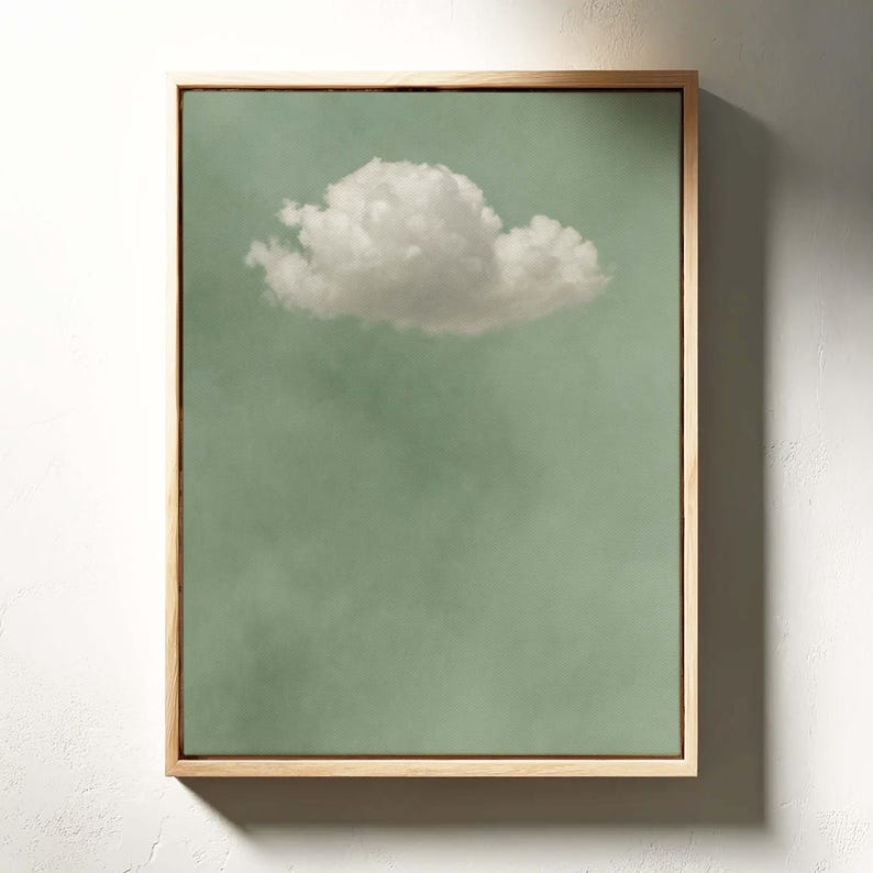 Wanddekoration: salbeigrüne Leinwand mit weißem Wolkenmuster, minimalistischer Stil
