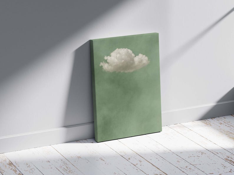 Wanddekoration: salbeigrüne Leinwand mit weißem Wolkenmuster, minimalistischer Stil