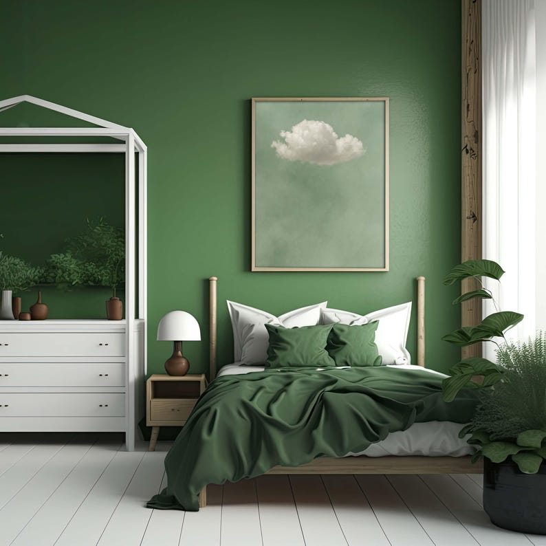 Wanddekoration: salbeigrüne Leinwand mit weißem Wolkenmuster, minimalistischer Stil