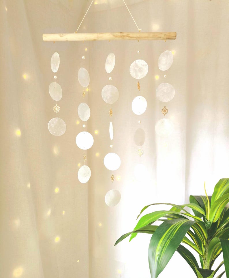 White Capiz Shell Wind Chime Boho Mobile 50 cm – Handcrafted Decor for Balcony, Terrace & Indoor Rooms
