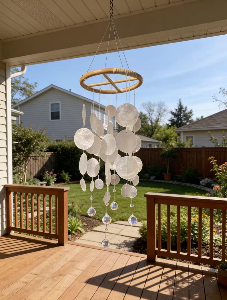 Weißes Muschel-Windspiel mit Kristallkugel, Suncatcher für Fenster, hängende Außendekoration