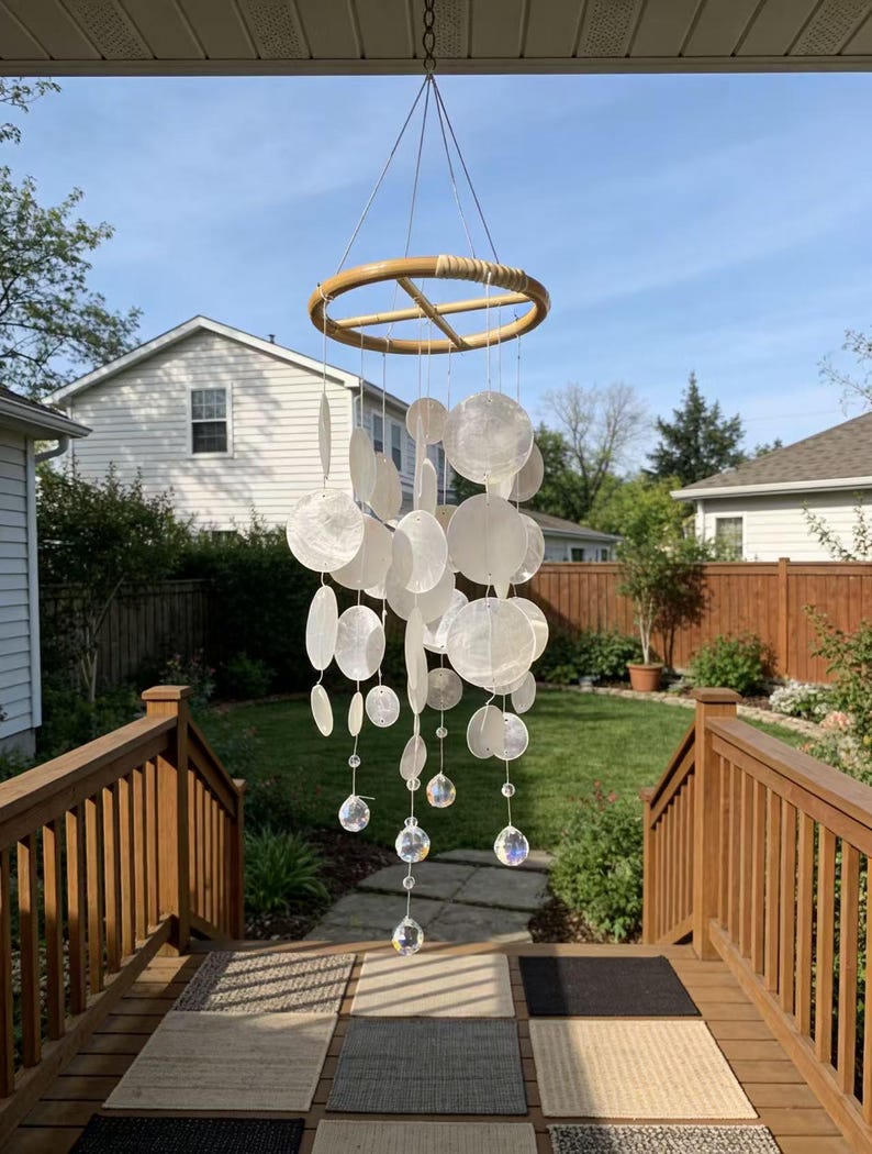 Weißes Muschel-Windspiel mit Kristallkugel, Suncatcher für Fenster, hängende Außendekoration