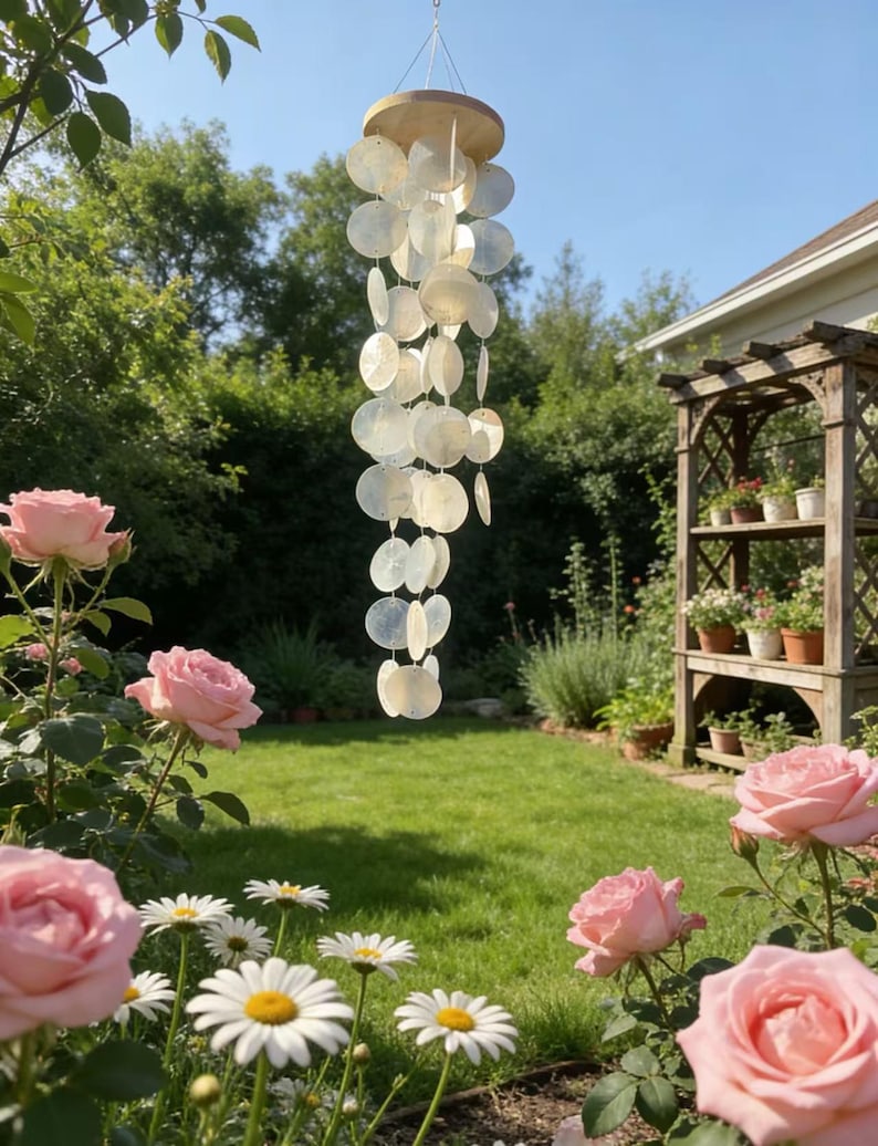 Dekoratives Windspiel aus Muscheln und Kristallkugel für Fenster, Garten und Terrasse, Weiß