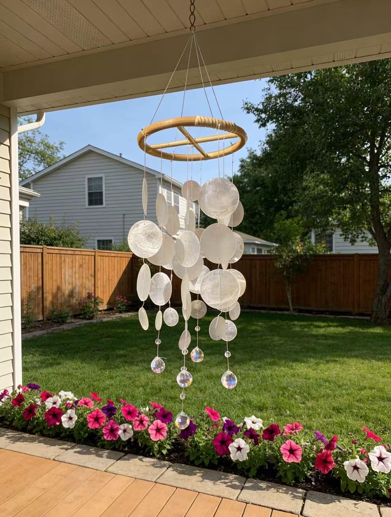 Weißes Muschel-Windspiel mit Kristallkugel, Suncatcher für Fenster, hängende Außendekoration