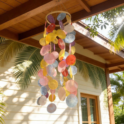 Regenbogen Capiz Muschel Windspiel, handgefertigtes buntes Mobile für Terrasse, Veranda und Garten, 70 cm Länge