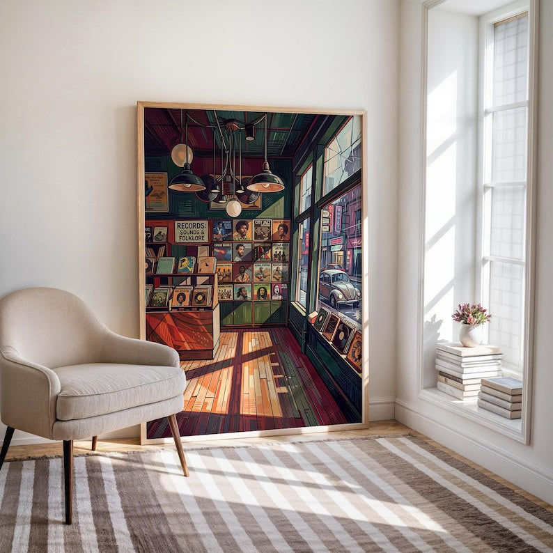 Vintage Schallplattenladen Wandbild Poster, Retro Musikstore Deko für Wohnzimmer, Büro, Studio