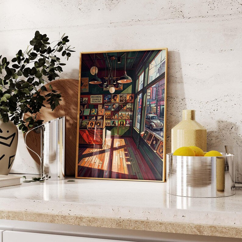 Vintage Schallplattenladen Wandbild Poster, Retro Musikstore Deko für Wohnzimmer, Büro, Studio