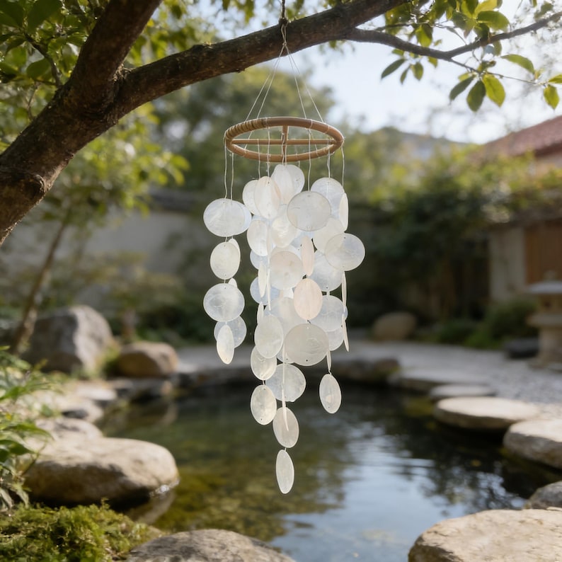 Capiz-Muschel Windspiel weiß, maritimes Hänge-Deko für Terrasse, 72 cm