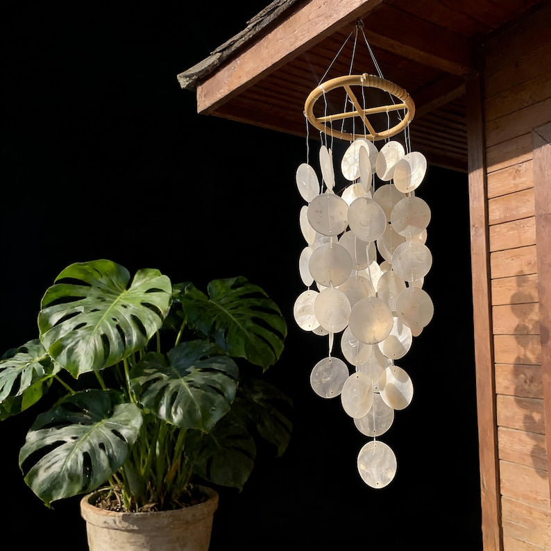 Capiz-Muschel Windspiel weiß, maritimes Hänge-Deko für Terrasse, 72 cm