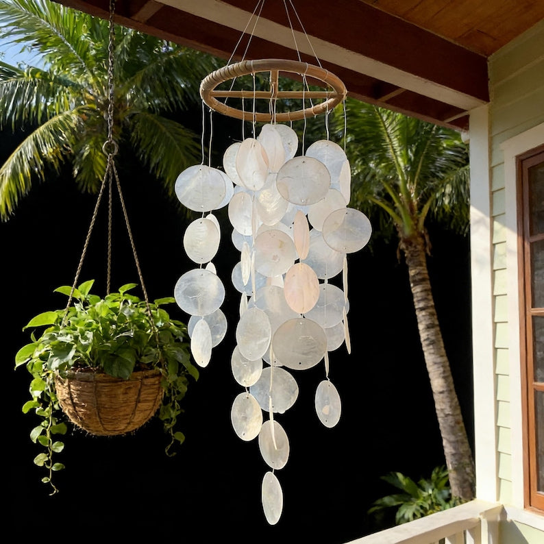 Capiz-Muschel Windspiel weiß, maritimes Hänge-Deko für Terrasse, 72 cm