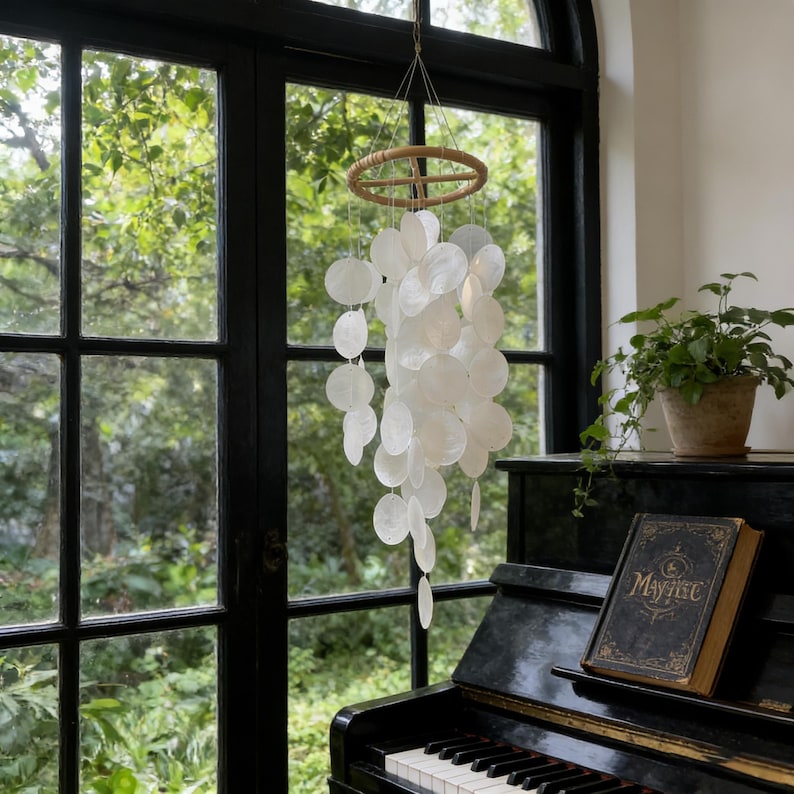 Capiz-Muschel Windspiel weiß, maritimes Hänge-Deko für Terrasse, 72 cm