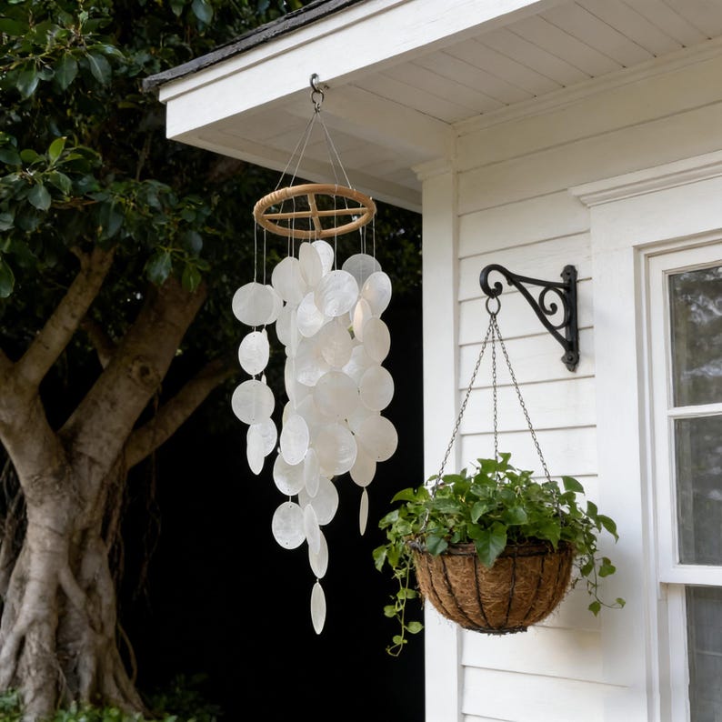 Capiz-Muschel Windspiel weiß, maritimes Hänge-Deko für Terrasse, 72 cm