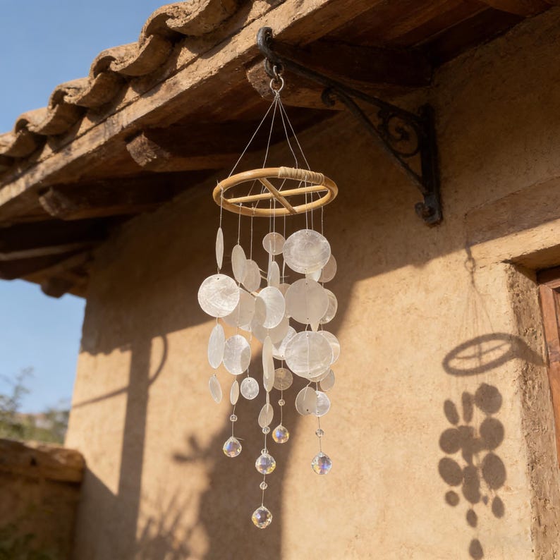 Windspiel aus Capiz-Muscheln, weiß, 68-69 cm, Küsten-Sonnenfänger für Terrasse und Garten