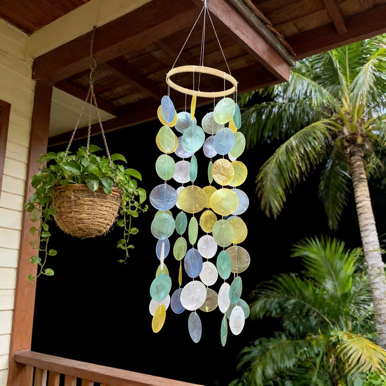 Capiz-Muschel Windspiel - 64 Muscheln, 80 cm, Küstendekoration für Terrasse und Innenbereich