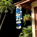 Windspiel aus Capiz-Muscheln, blau-weiß, handgefertigt, Küsten-Dekoration, für Garten und Terrasse, 68 cm Länge