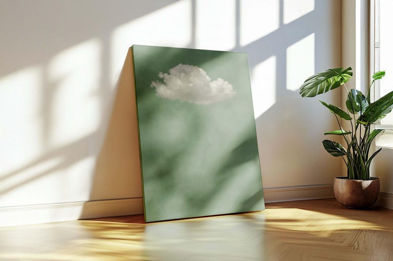 Wanddekoration: salbeigrüne Leinwand mit weißem Wolkenmuster, minimalistischer Stil