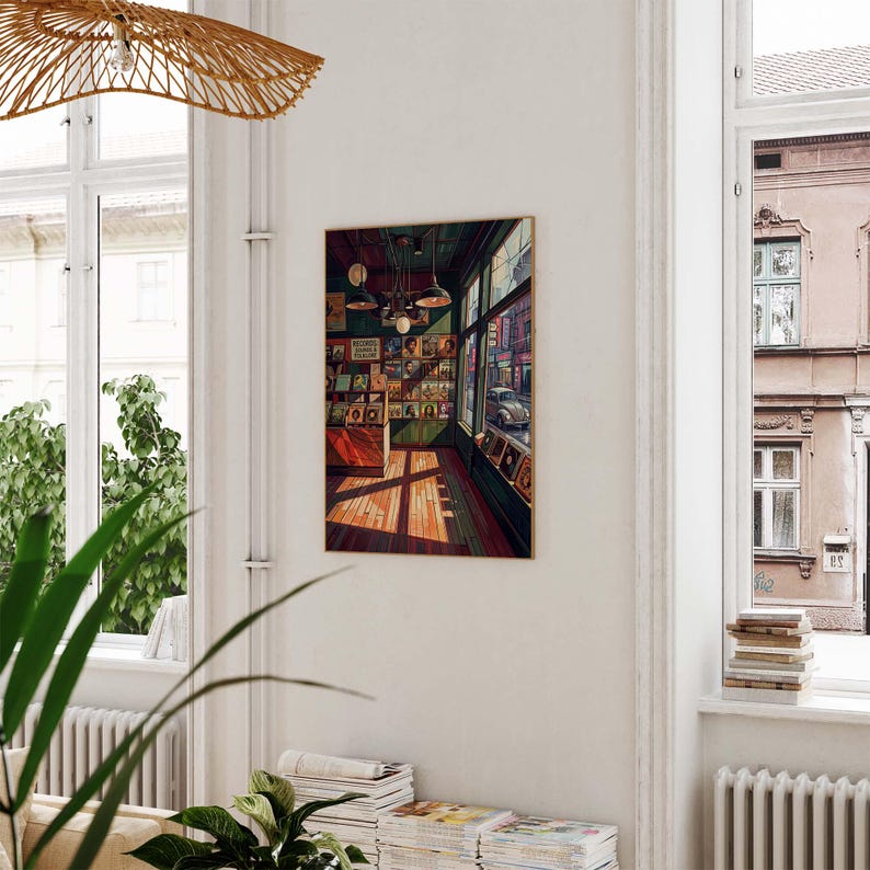 Vintage Schallplattenladen Wandbild Poster, Retro Musikstore Deko für Wohnzimmer, Büro, Studio