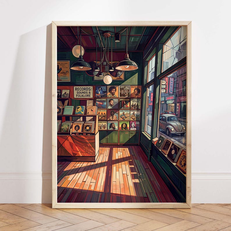 Vintage Schallplattenladen Wandbild Poster, Retro Musikstore Deko für Wohnzimmer, Büro, Studio