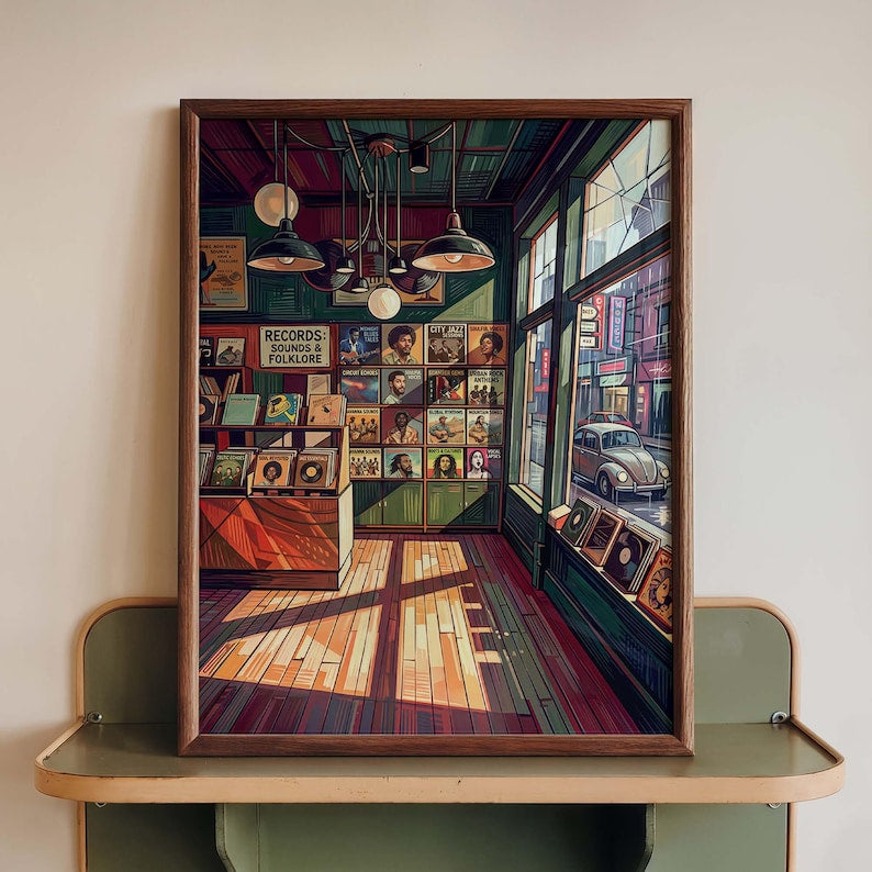 Vintage Schallplattenladen Wandbild Poster, Retro Musikstore Deko für Wohnzimmer, Büro, Studio