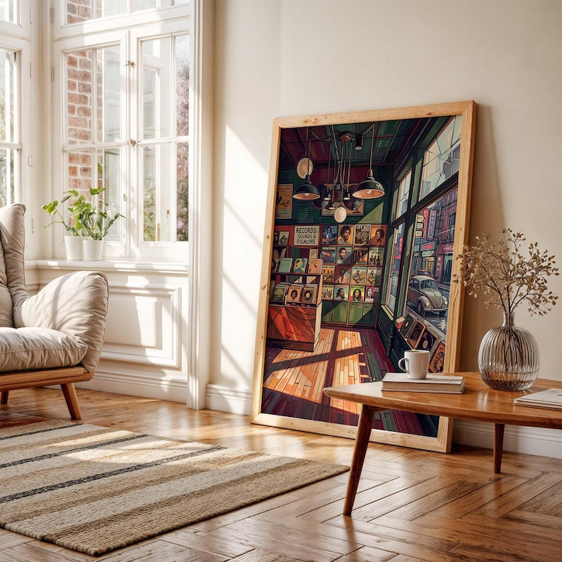 Vintage Schallplattenladen Wandbild Poster, Retro Musikstore Deko für Wohnzimmer, Büro, Studio